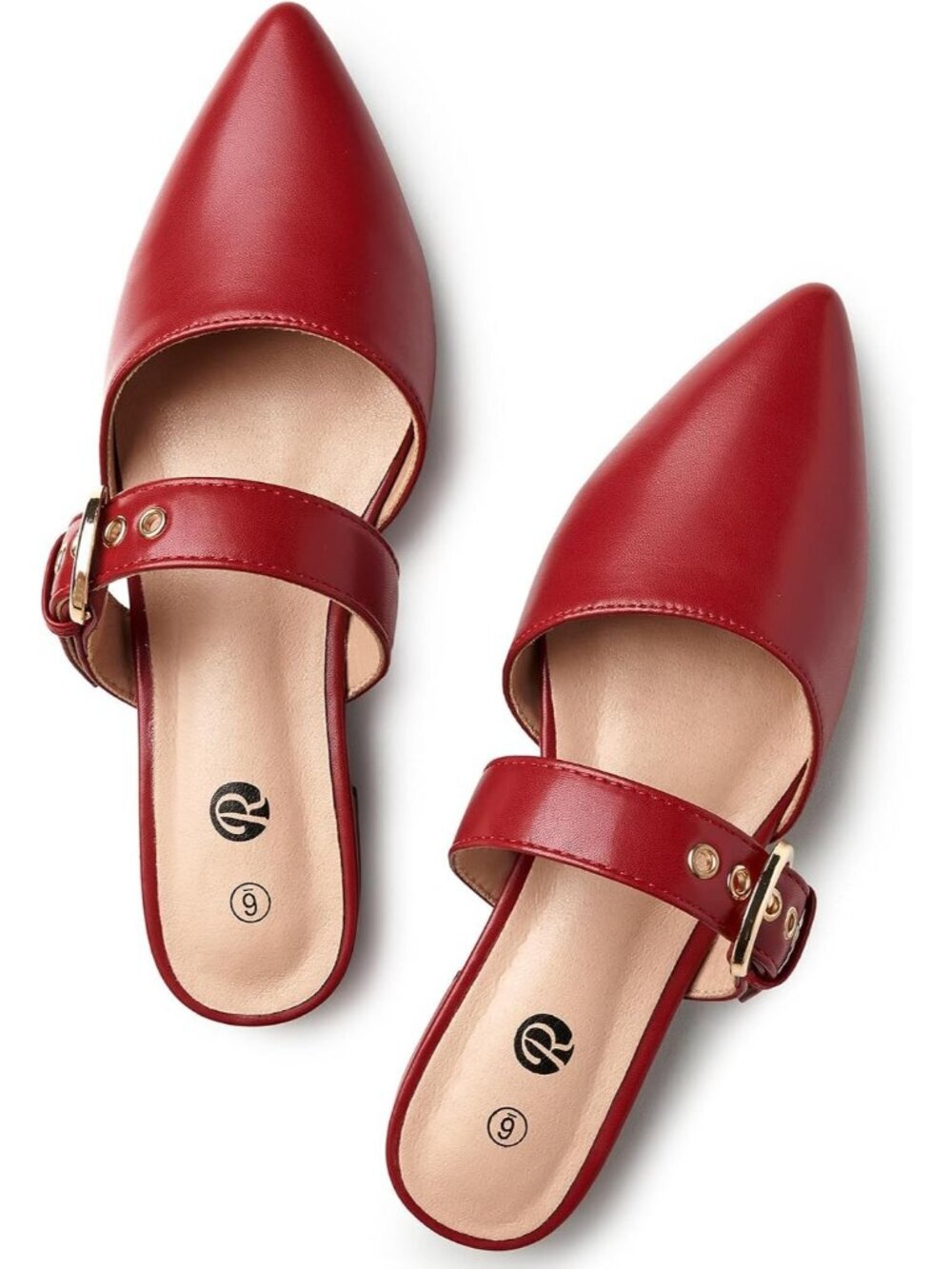 Women's Pu-Red Pointed Toe Backless Loafer Shoes with Adjustable Strap